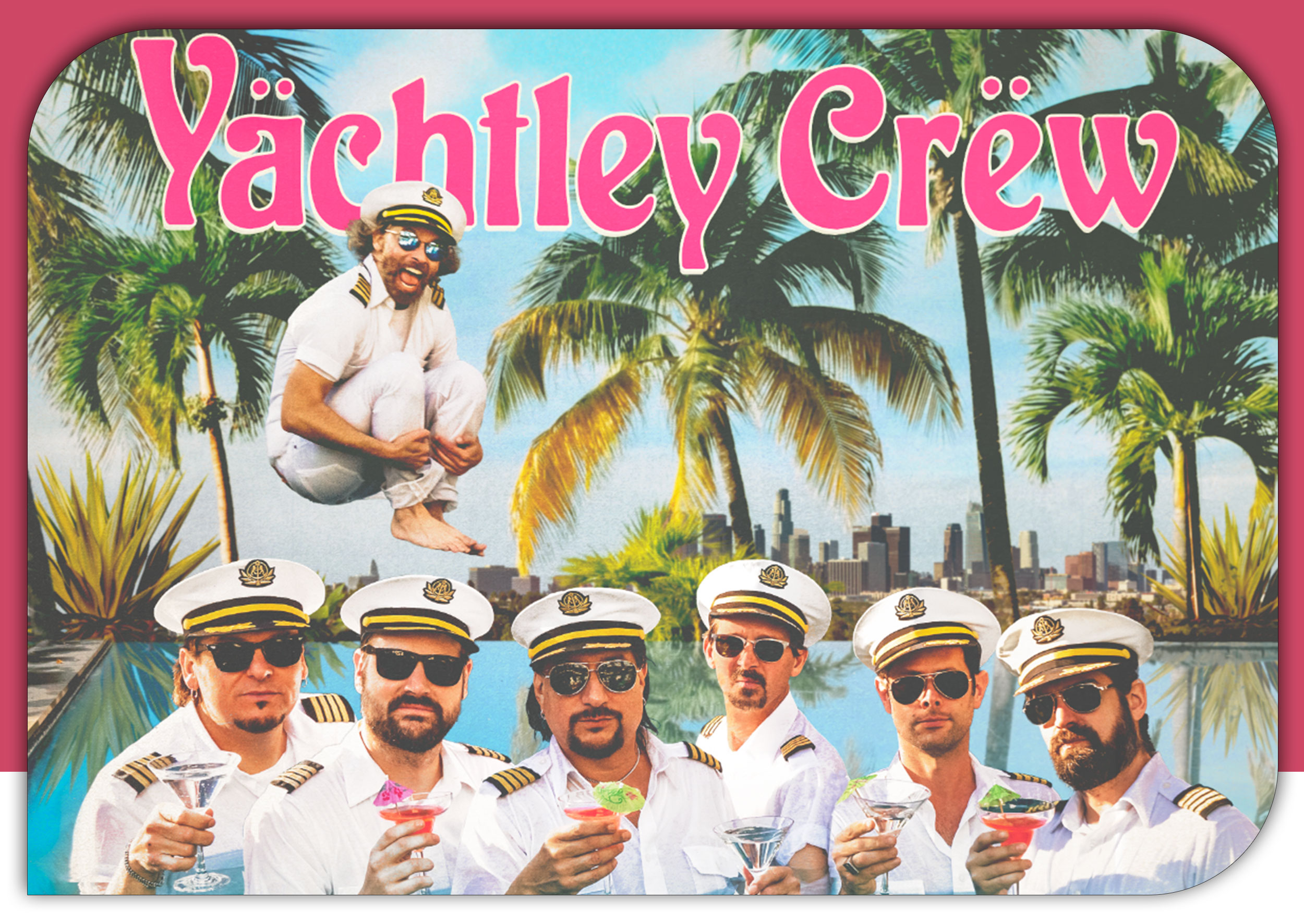 Yachtley Crew band picture with pool and palm trees